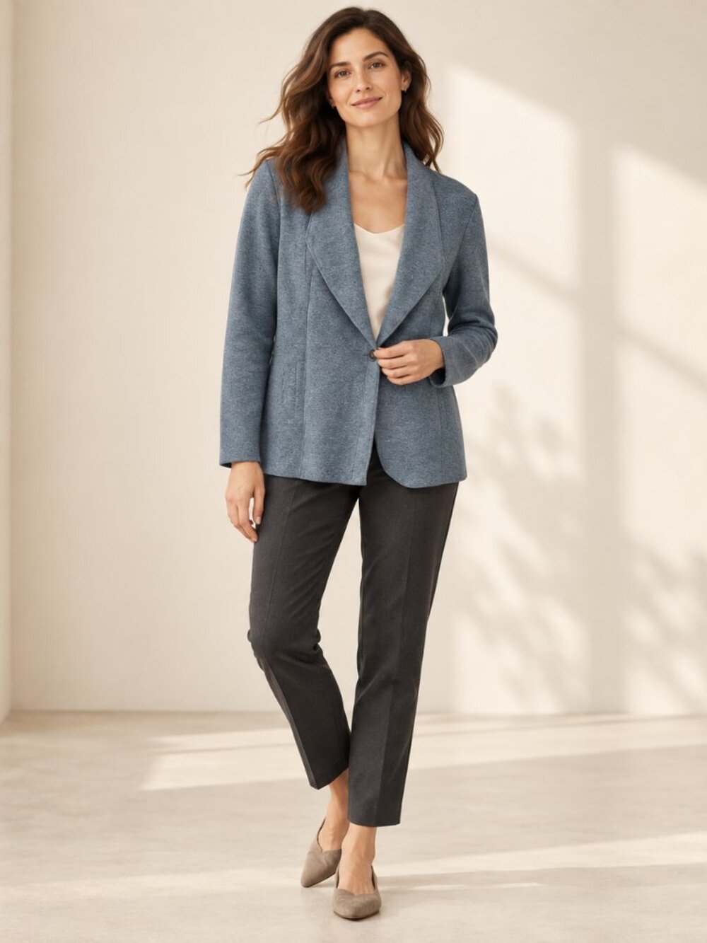 Eileen Fisher Merino Wool Knit Blazer Teal Gray Blue Size Small Petite